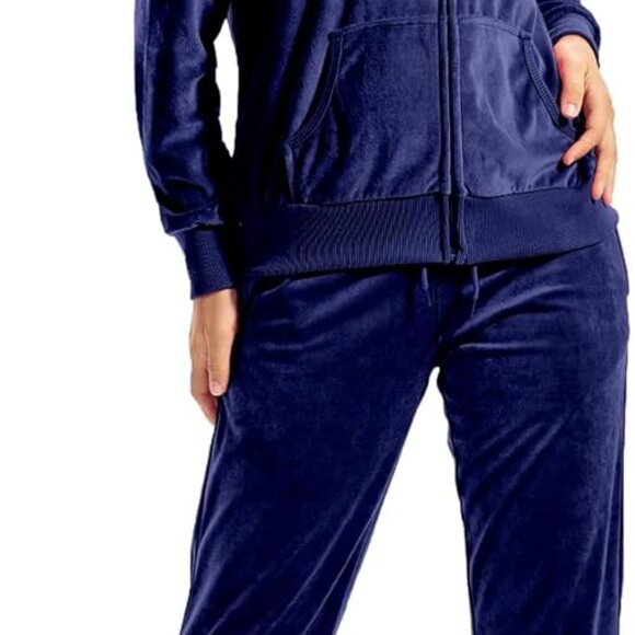 Versatile Women's Navy Velvet Tracksuit Set - Full Zip-Up Hoodie & Sweatpants - Picture 1 of 7